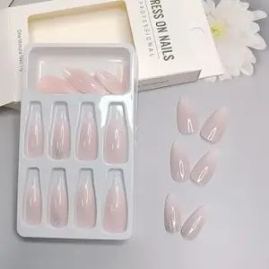 24 Pcs Press on Nails Medium Almond Fake Nails Glossy Acrylic Nails Nude Pink White Gradient False Nails with Designs Full Cover Glue on Nails Silver Glitter Artificial Nails for Women Girls