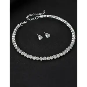 American Diamond Single Line Silver Plated Necklace Set