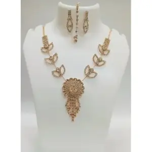 Designer gold plated diamond leaf design necklace with earrings and tika for girls and womens partywear