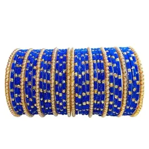 Fancy Velvet Glass Bangles Set with Golden Beads & Polka Dots for Women and Girls - Blue