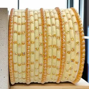 Fancy Velvet Glass Bangles Set with Golden Beads & Polka Dots for Women and Girls - Cream