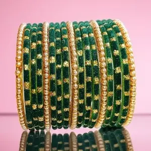 Fancy Velvet Glass Bangles Set with Golden Beads & Polka Dots for Women and Girls - Dark Green