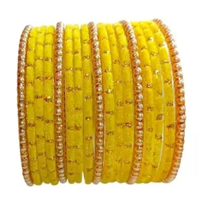 Fancy Velvet Glass Bangles Set with Golden Beads & Polka Dots for Women and Girls - Yellow