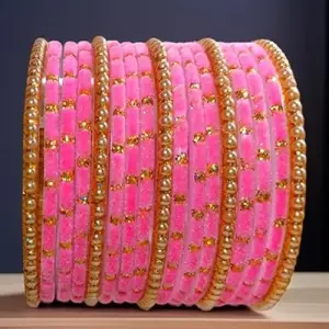 Fancy Velvet Glass Bangles Set with Golden Beads & Polka Dots for Women and Girls | Stylish Designer Girls Bangle Bracelet | Bangles for Wedding, Party | Women's Fashion Jewellery - Set of 34 - Pink