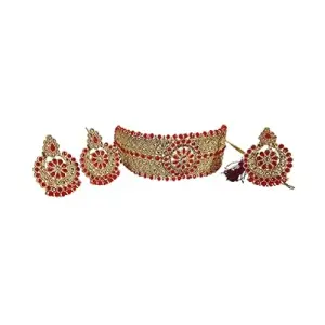 GOLD-PLATED RED-WHITE BEADED JEWELLERY SET CONSIST OF A CHOKER NECKLACE, A PAIR OF EARRINGS & A MAANG TIKA (DESIGN 2)
