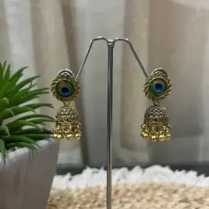 Golden oxidised peacock jhumki with bells