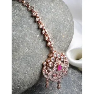 Karatcart Rose Gold Plated Pink American Diamond Studded Maangtikka