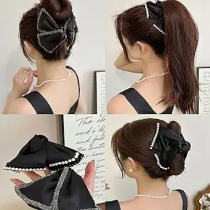 Melodio 2-Pack Elegant Black Hair Claw Clips for Women – Bow Design & Pearl Trim Clutcher, Non-Slip Large Hair Accessories