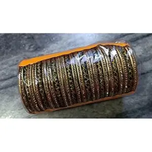 Muzaffarpuri Traditional Green Lac Bangles Set for Women – Handmade Ethnic Indian Bridal Chura | Glass Look Design with Golden Detailing | (Pack of 12)