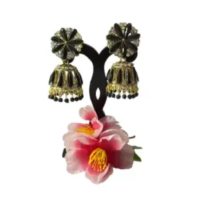 Traditional indian gold plated dangler jhumka with kundan stone & pearl | Antique floral design jhumka | Meenakari jhumka earrings for women (Black)
