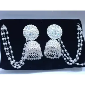 WHITE SILVER BAHOBALI EARING JHUMKA WITH KAAN CHAIN FOR GIRLS AND WOMAN